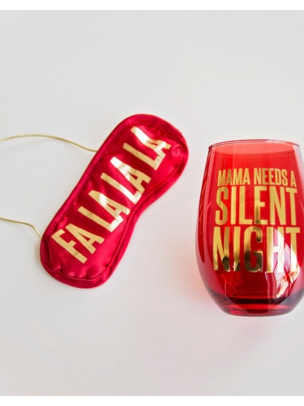 Slant Collections Silent Night Sleep Mask & Stemless Wine Glass Set Red & Gold